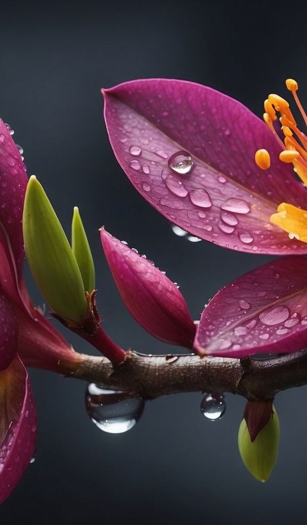 Красивые сиреневые цветы в каплях дождя на ветке