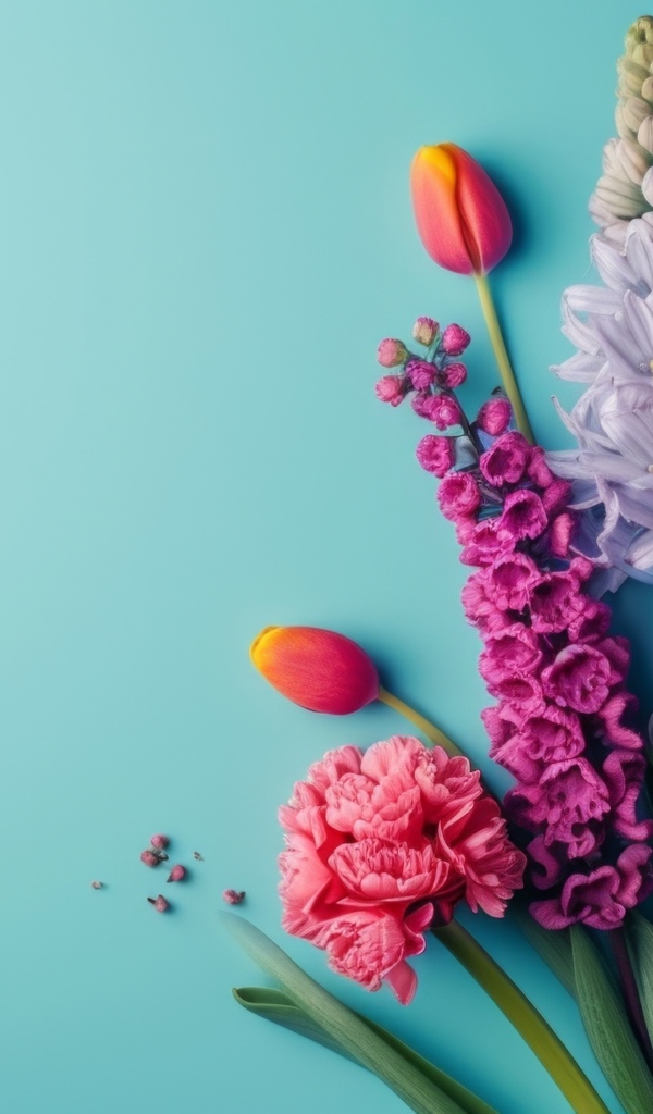 Букет красивых весенних цветов на голубом фоне