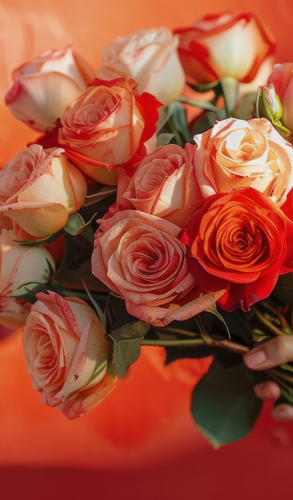 Букет роз в руке на фоне красной стены