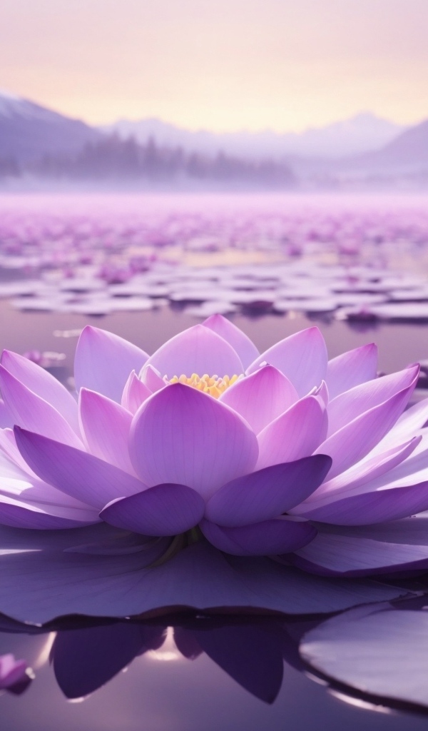 Озеро с крупными розовыми цветами лотоса