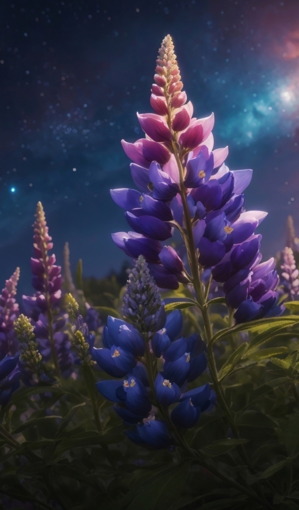 Цветы люпина под красивым ночным небом