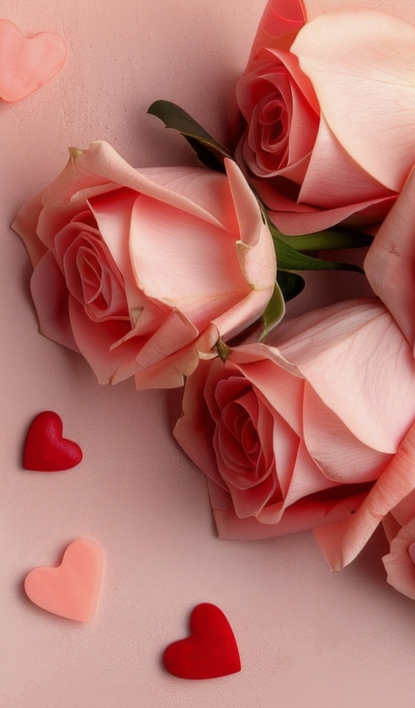 Розовые розы с маленькими сердечками на розовом фоне