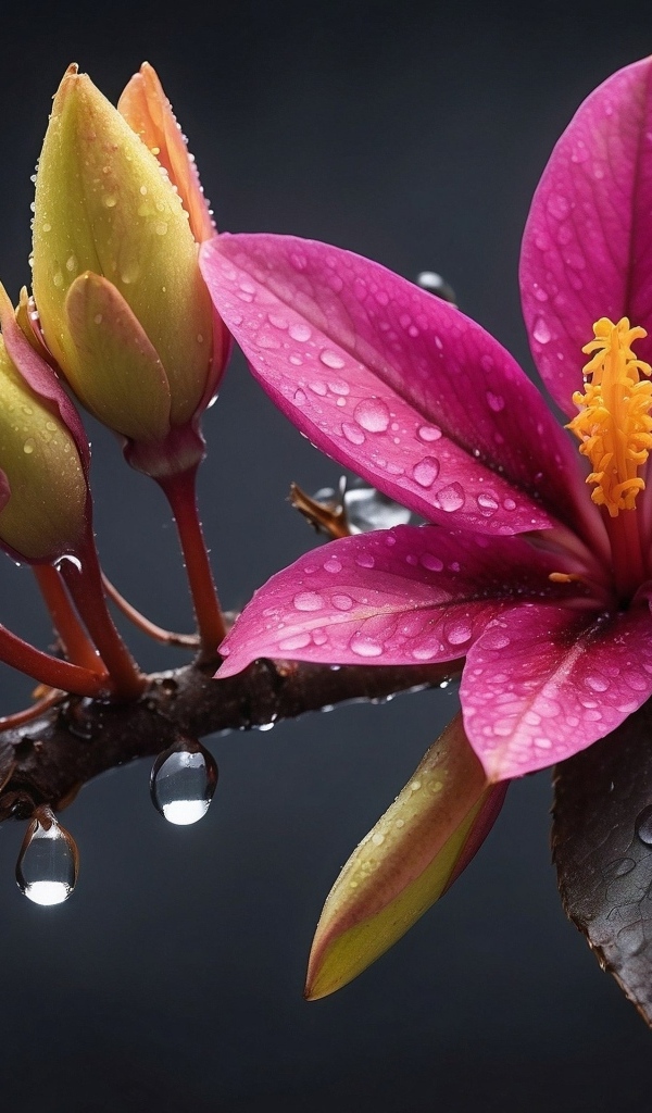 Розовый весенний цветок на ветке с бутонами в каплях дождя