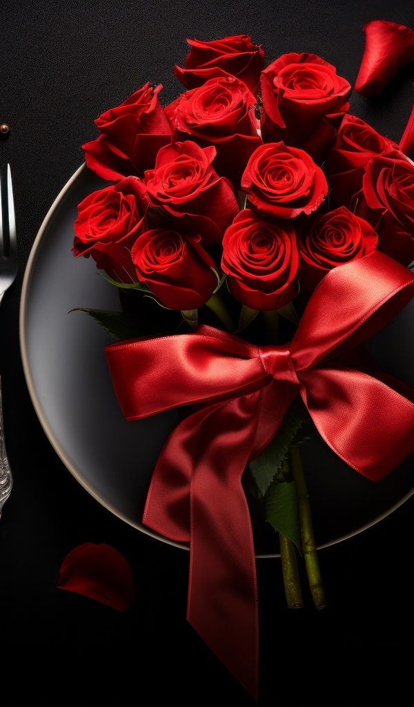 Тарелка с букетом красных роз и лентой