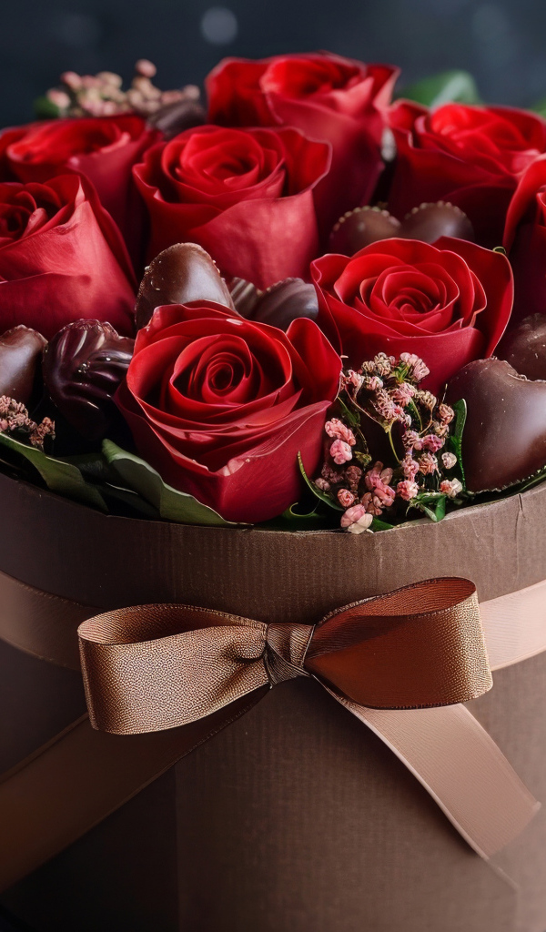Красные розы в коробке с конфетами
