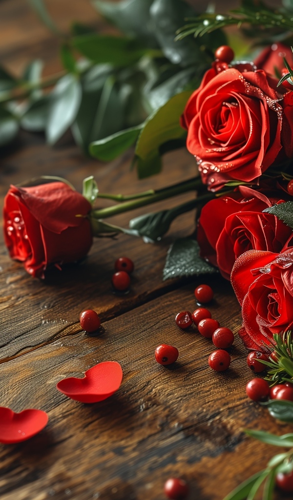 Красные необычные розы на деревянном столе