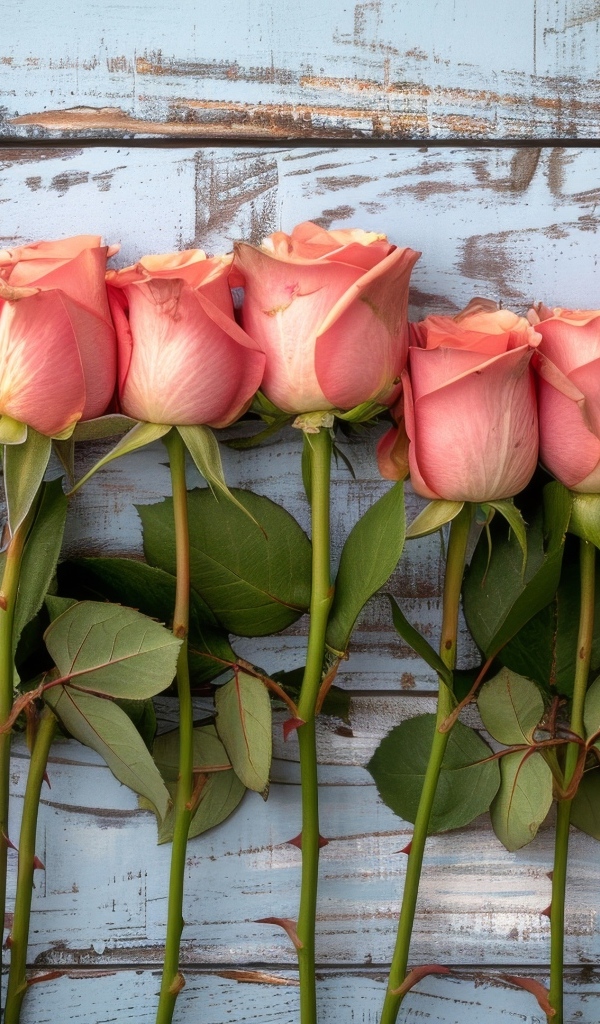 Ряд из розовых роз на деревянном столе