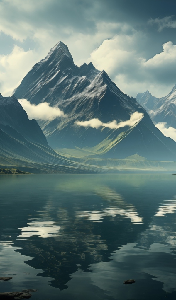 Горы в белых облаках у реки 