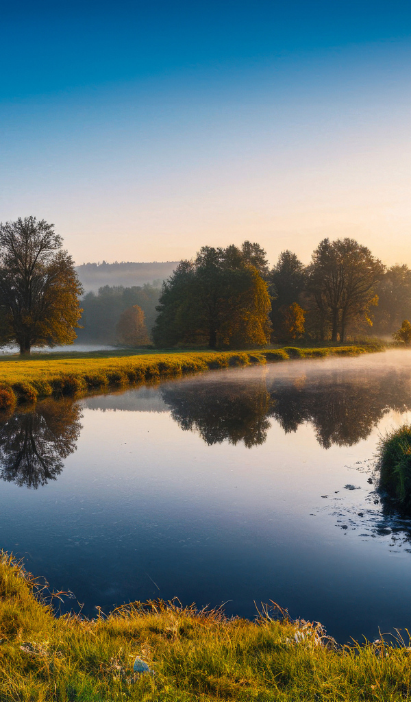 Солнце встает над рекой в тумане летом