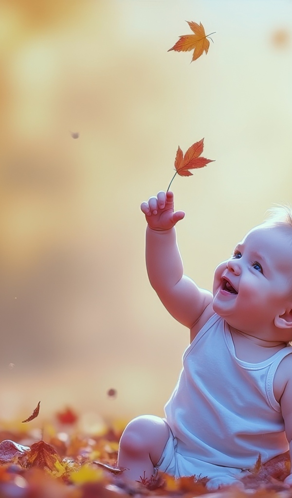 Маленький ребенок сидит на земле с опавшими листьями