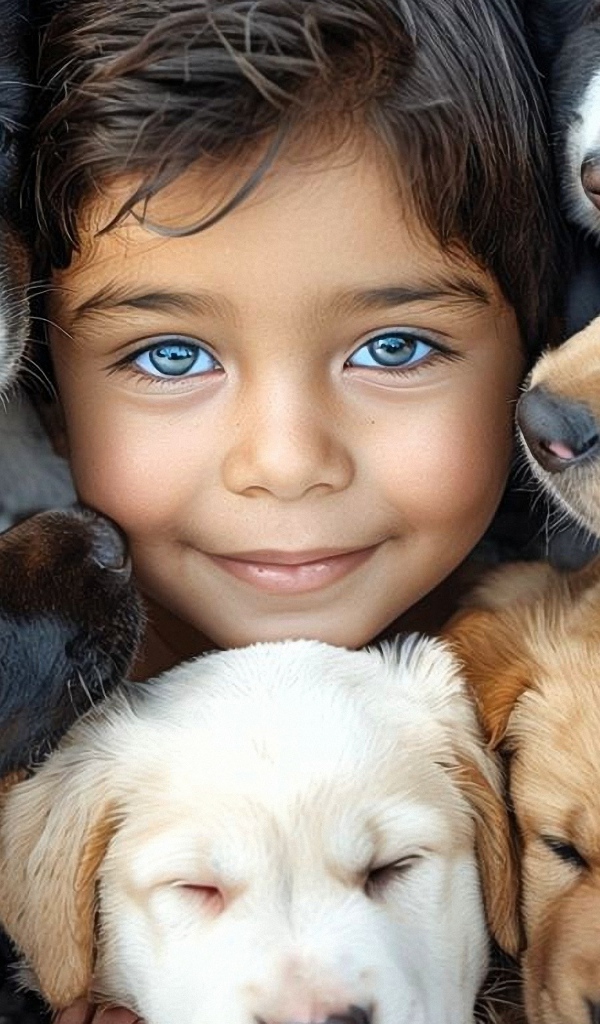 Красивый ребенок с собаками