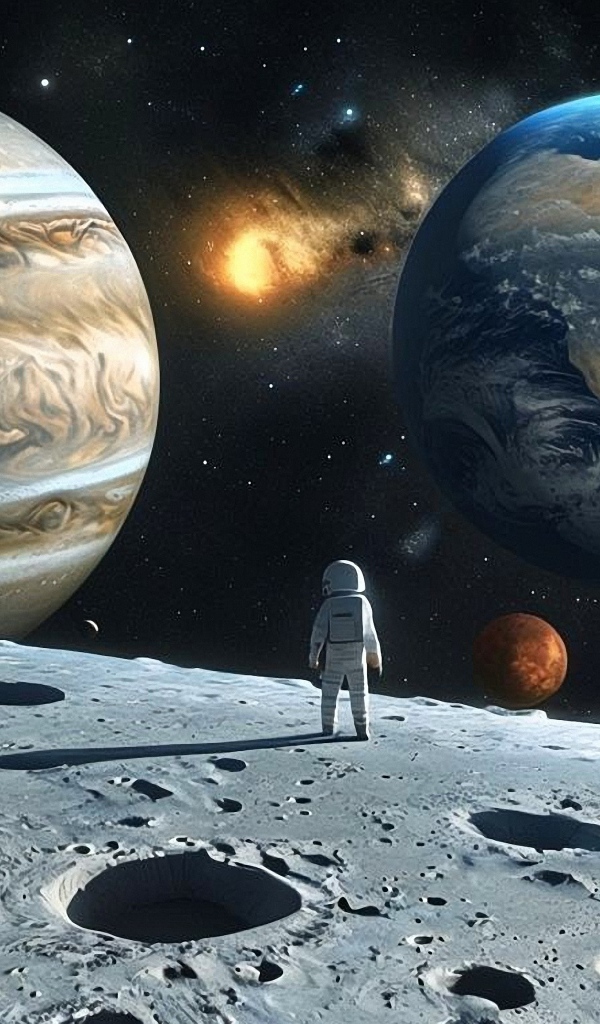 Астронавт в космосе смотрит на планеты