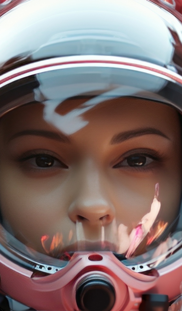 Девушка астронавт в розовом шлеме с цветами