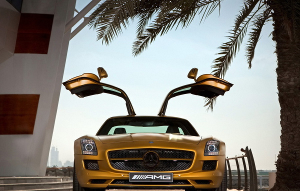 Mercedes Benz SLS AMG Desert Gold в тени пальмы