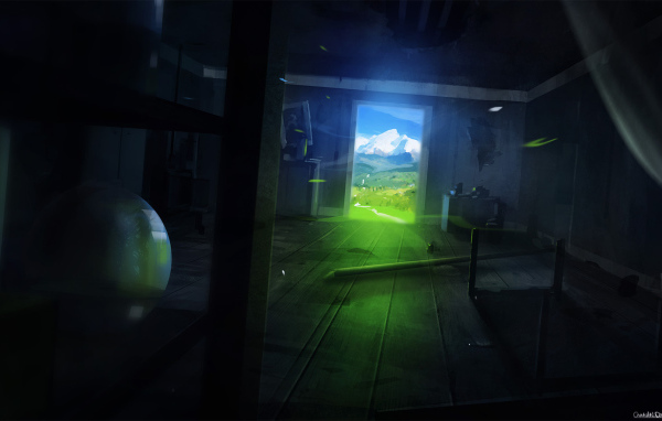 Темная комната с видом на горы