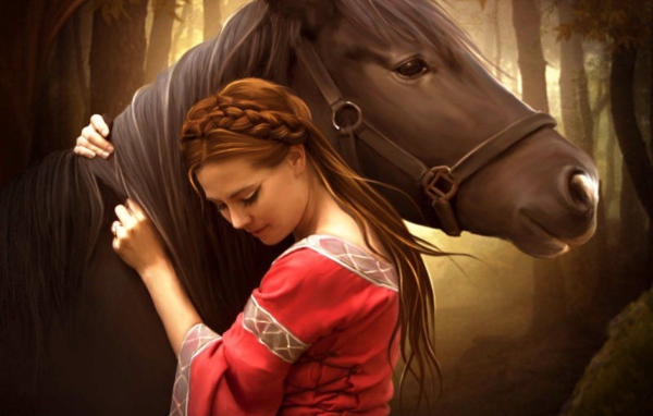 Девушка обнимает лошадь