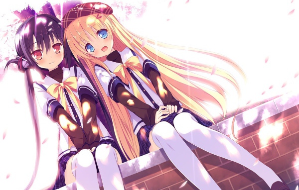 Аниме девочки сидят на бордюре