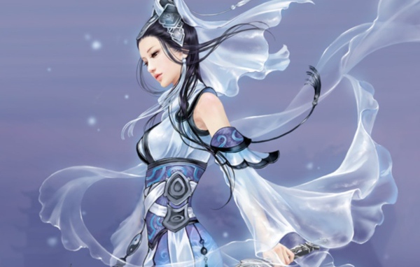 Девушка в голубой одежде с мечом