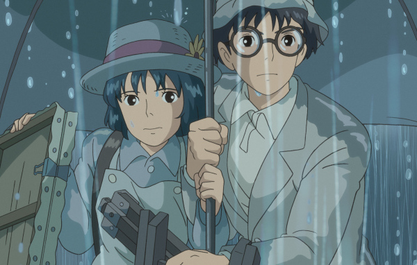 Аниме мультфильм Миядзаки Ветер крепчает, герои под дождём