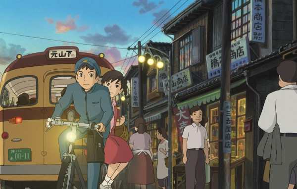 Аниме мультфильм Миядзаки Со склонов Кокурико, парень и девушка на велосипеде