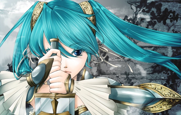 Девушка с голубыми волосами и мечом