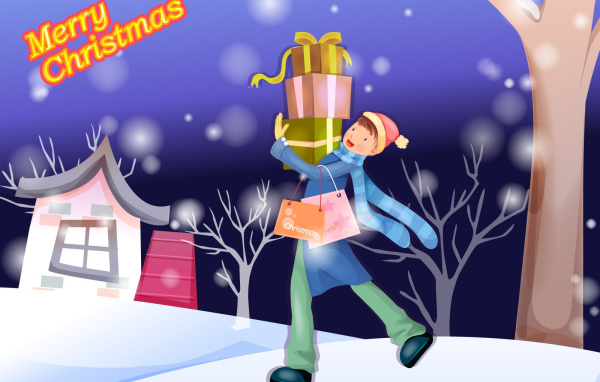 Мальчик идёт дарить подарки на рождество