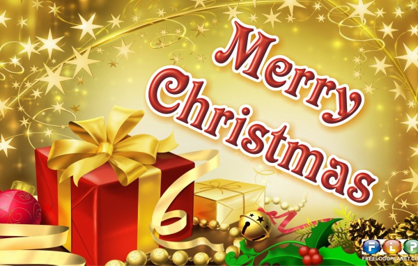 Подарок с ёлочными игрушками на рождество, золотистый фон