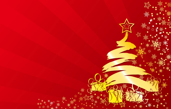 Золотистая ёлка на красном фоне на рождество