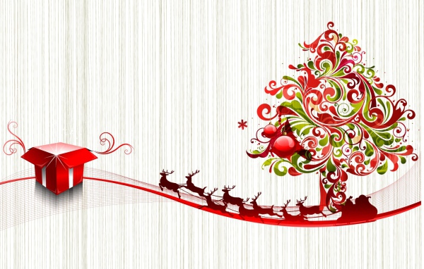 Красно-зелёная ёлка с оленями на светлом фоне на рождество