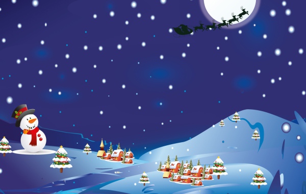 Снеговик смотрит на упряжку с оленями на рождество