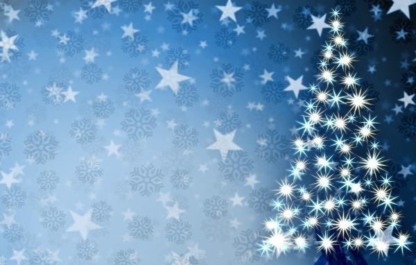 Звёзды в форме ёлки на фоне снежинок на рождество
