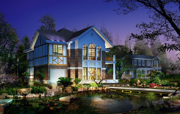 Дом с прудом и мостиком