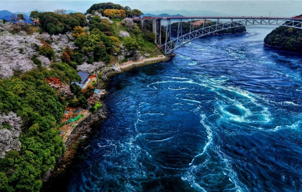 Водоворот на реке с мостом