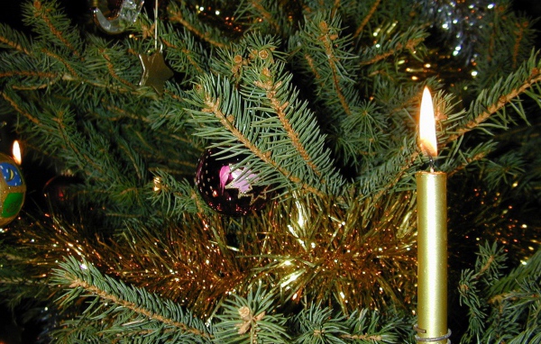 Новогодняя елка и горящая свеча