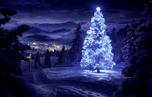Новогодняя елка в синих огнях