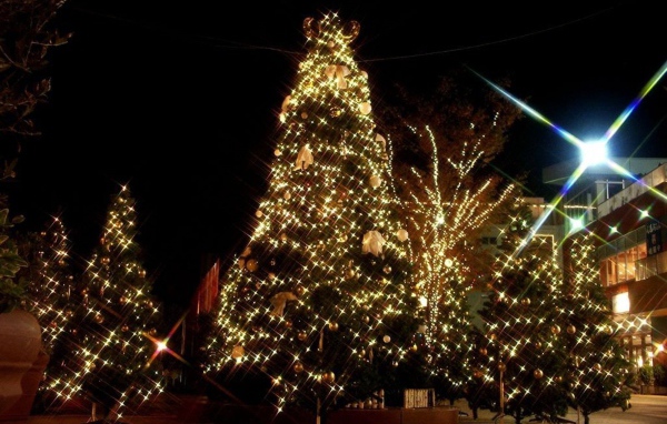 Large Christmas decorations on a Christmas tree