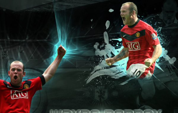 The forward of Manchester United Wayne Rooney on dark background