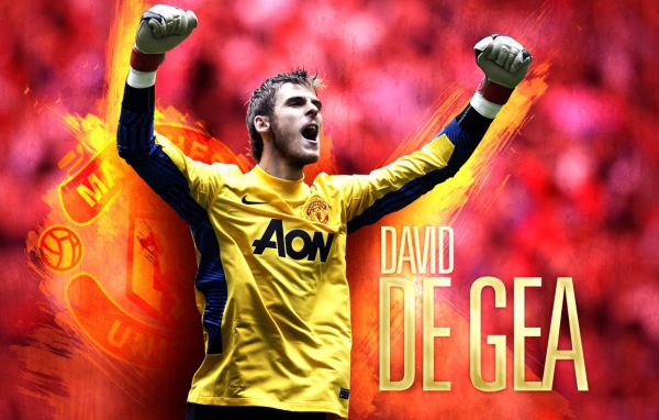 Игрок Манчестер Юнайтед Дэвид Де Хеа на красном фоне