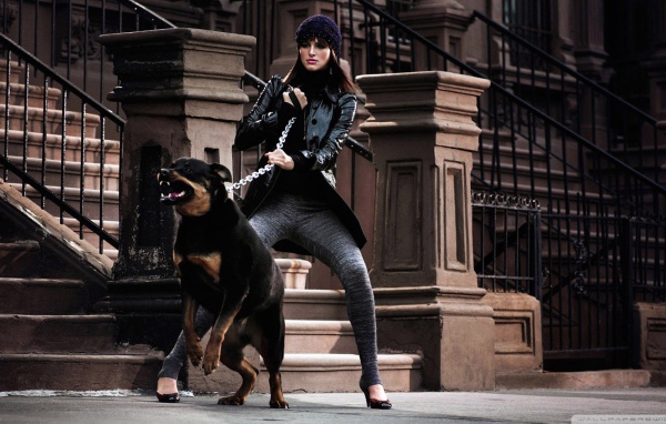 Девушка держит ротвейлера