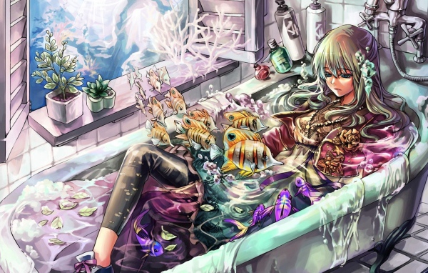 Девочка в ванне с рыбами