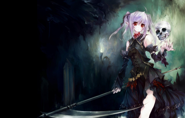 Девочка с косой и черепом