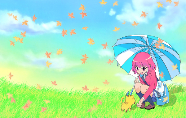 Девочка с зонтиком и котенком