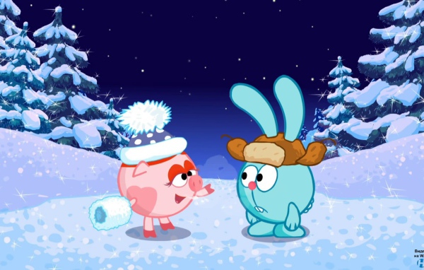 Крош и Нюша в зимнем лесу в мультфильме Смешарики