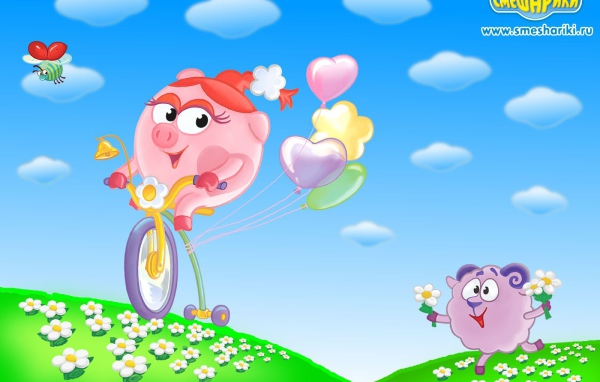 Нюша на велосипеде в мультфильме Смешарики