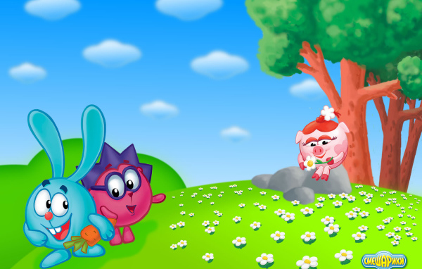 Нюша собирает цветы в мультфильме Смешарики