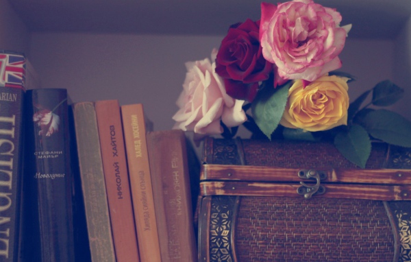 Розы на шкатулке и книги