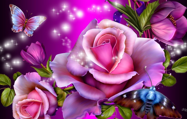 Фиолетовые розы и бабочки