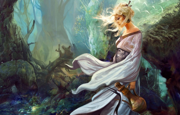 Девушка в белом платье с кувшином