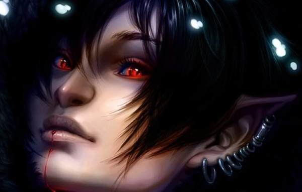 Кровь на подбородке у девушки вампира