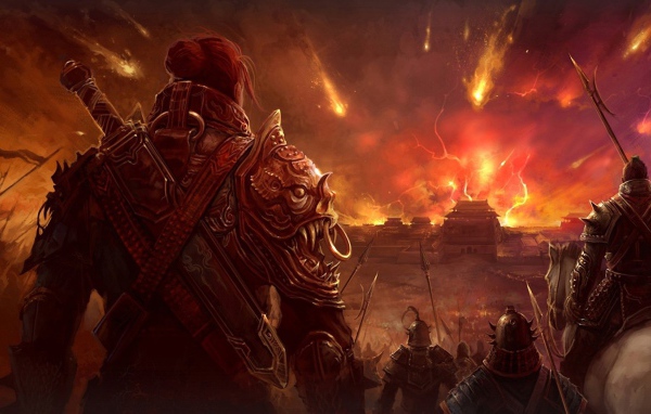 Воины смотрят на горящий город